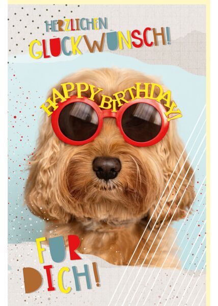 Geburtstagskarte Hund mit Brille Spruch Herzlichen Glückwunsch für dich