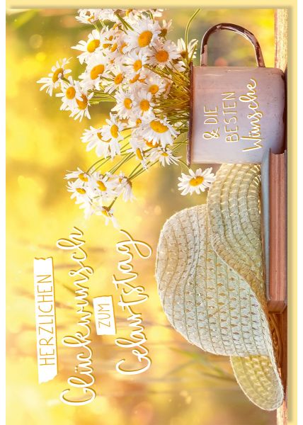 Geburtstagskarte mit Blumen Tasse Tisch Hut