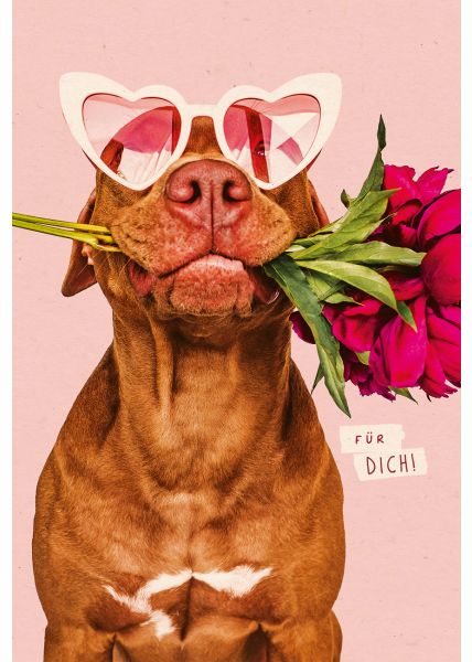 Postkarte Spruch Liebe Für Dich Hund mit Sonnenbrille und Blumen im Maul, Zuckerrohrpapier