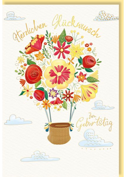 Geburtstagskarte mit Blumenstrauß-Motiv, Naturkarton und Folien- sowie Blindprägung