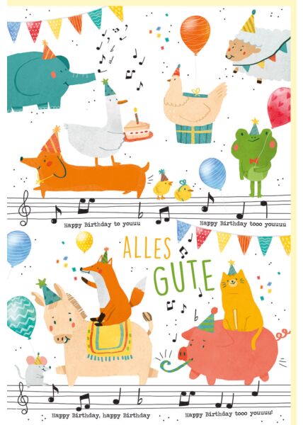 Geburtstagskarte für Kinder Tiere mit Partyhüten, Wimpelketten, Naturkarton