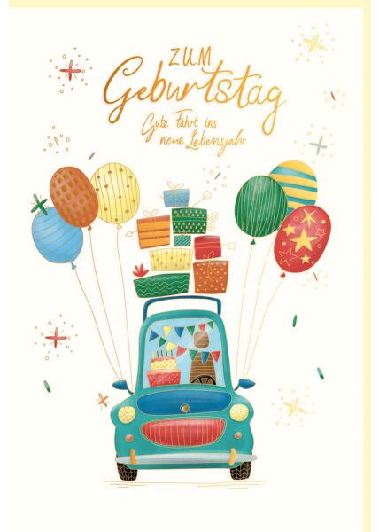 Glückwunschkarte Geburtstag Auto, Geschenke, Luftballons, Naturkarton, mit Goldfolie und Blindprägung