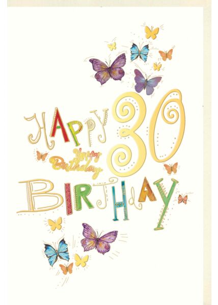 Geburtstagskarte 30 Jahre Schmetterlinge, Naturkarton, mit Goldfolie und Blindprägung