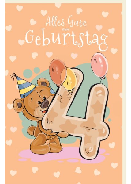 Geburtstagskarte 4 für Kinder Teddybär mit Partyhut, Luftballons