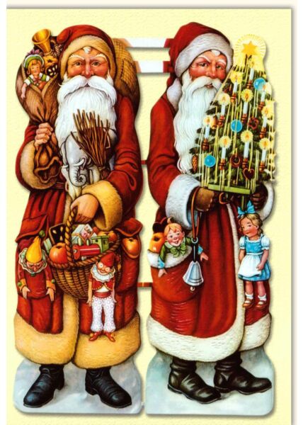 Weihnachtskarte nostalgisch Merry Christmas-Zwei Weihnachsmänner kleine Tannenbäume Arm