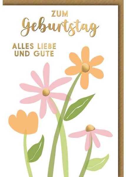 Geburtstagskarte mit Blumen die besten Wünsche, Blumen bunt/gold