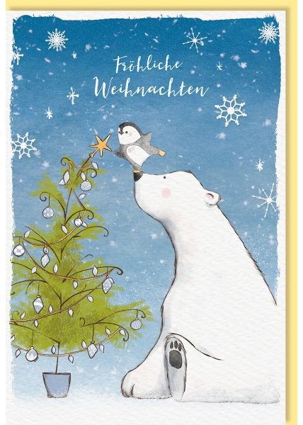 Weihnachtskarte gezeichnet Eisbär, Pinguin, Weihnachtsbaum, Naturkarton