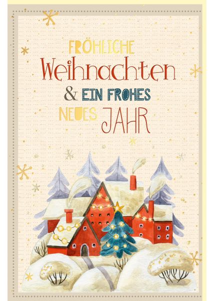 Weihnachtskarte aus Zuckerrohrpapier mit Goldfolie verschneite Häuser