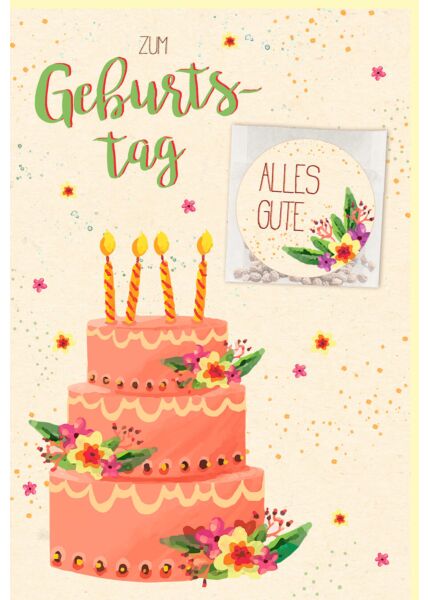 Glückwunschkarte mit Samentütchen Geburtstag Geburtstagstorte mit brennenden Kerzen, Zuckerrohrpapier