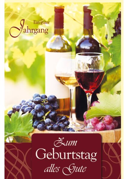 Geburtstagskarte Zwei Flaschen Wein mit Weingläsern, Weintrauben