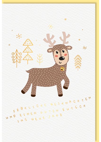 Weihnachtskarte Rentier, Naturkarton, mit Goldfolie und Goldglöckchen