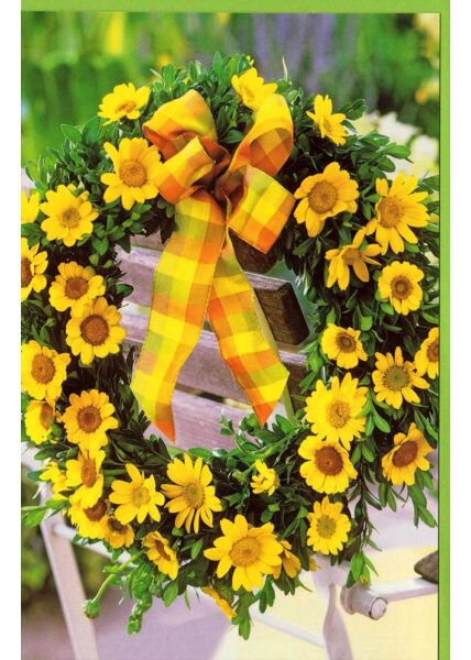 Grußkarte Blumenkranz gelb Stuhl Sommer