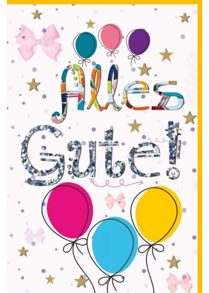 Geburtstagskarte für Kinder Luftballons, Schleifen, Sterne, mit Glimmer