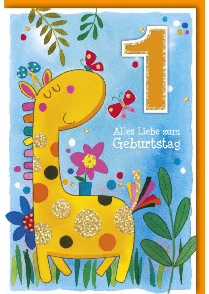 Geburtstagskarte für Kinder 1 Jahr Giraffe mit Schmetterlinge