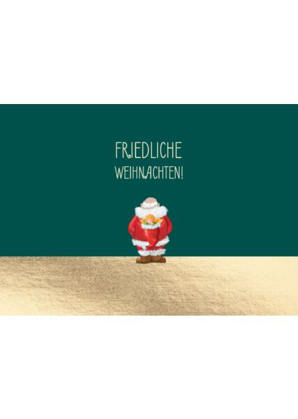 Weihnachtspostkarte Goldfolie Weihnachtsmann, auf dem Rücken Engel in Mütze