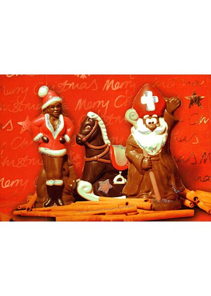 Weihnachtspostkarte Schokoladenweihnachtsmännder: frohe weihnachten