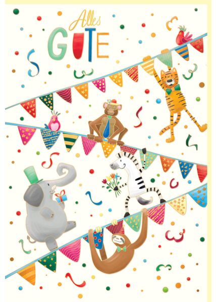 Glückwunschkarte Geburtstag Tiere, Wimpelketten, Naturkarton, mit Goldfolie und Blindprägung