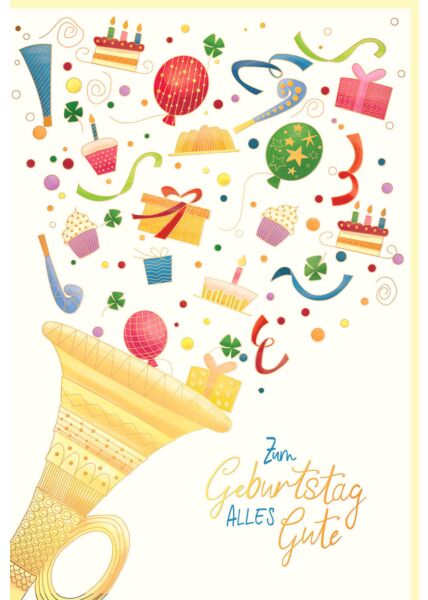 Glückwunschkarte Geburtstag Trompete, Geschenke, Kuchen, Naturkarton, mit Goldfolie und Blindprägung