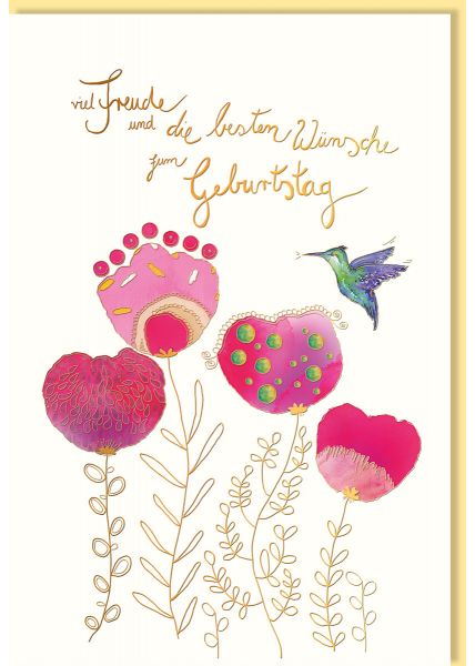 Glückwunschkarte Geburtstag Pinke Blüten und Kolibri, mit kupferfarbener Metallicfolie und Blindprägung, Naturkarton