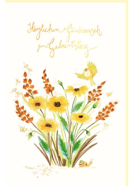 Glückwunschkarte Geburtstag Blumen, Vogel, mit Goldfolie und Blindprägung, Naturkarton