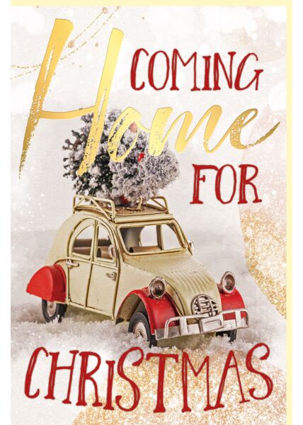 Weihnachtskarte Goldfolie Auto Ente Coming Home for Christmas