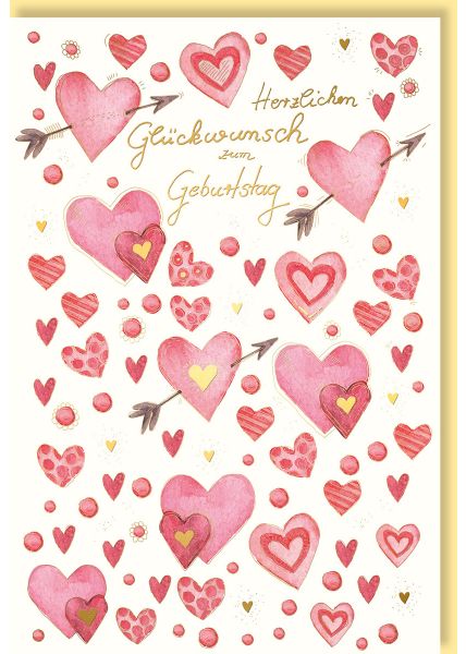 Geburtstagskarte für Partner Herzen, Naturkarton, mit Goldfolie und Blindprägung