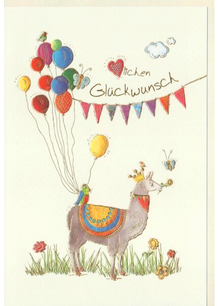 Glückwunschkarte Lama mit Luftballons, Vögel, Schmetterlinge, Blumen, Naturkarton, mit Goldfolie und Blindprägung
