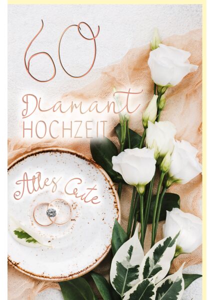 Glückwunschkarte Diamanthochzeit Eheringe auf Teller, weiße Rosen, mit Glitzerstein