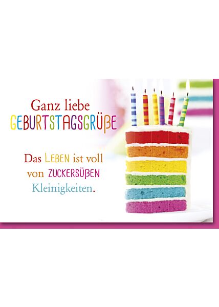 Geburtstagskarte mit Spruch Bunt gestreifter Kuchen