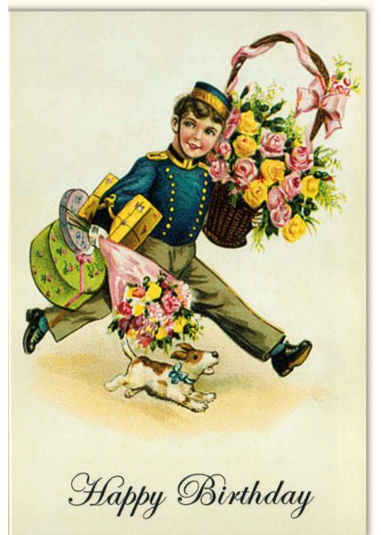 Geburtstagskarte retro Happy Birthday Junge Korb Blumen