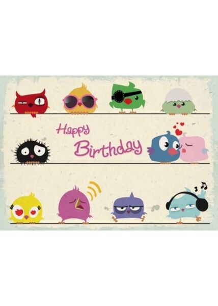 Geburtstagspostkarte Vögel bunt gezeichnet: Happy Birthday