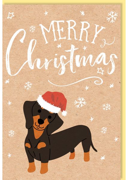 Weihnachtskarte Kraftpapier Hund mit Weihnachtsmütze, Naturkarton