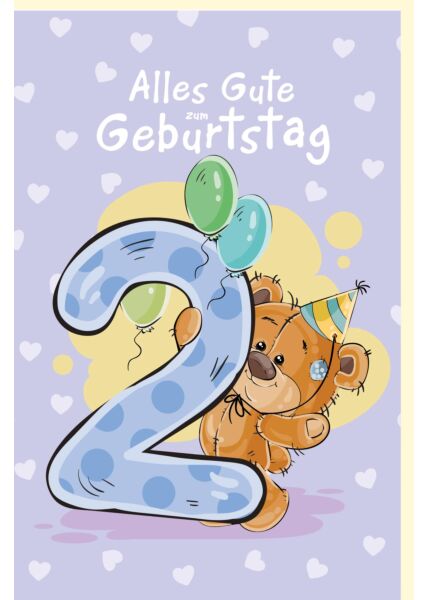 Geburtstagskarte für Kinder mit Teddybär und Partyhut, Luftballons 2 Geburtstag