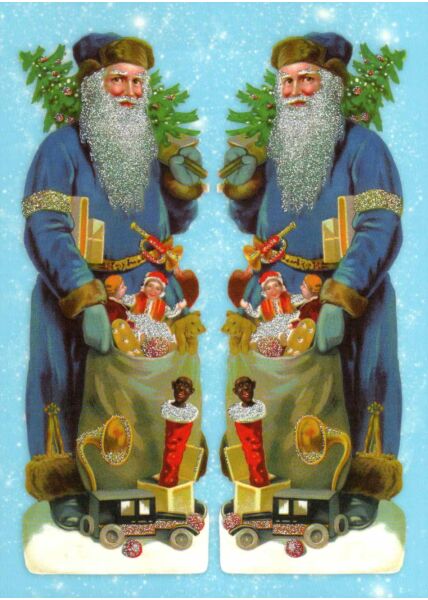 Weihnachtspostkarte Weihnachtsmänner blauer Mantel frohe weihnachten