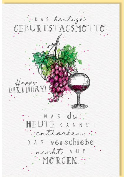 Glückwunschkarte Geburtstag Weintrauben, Weinglas, Naturkarton