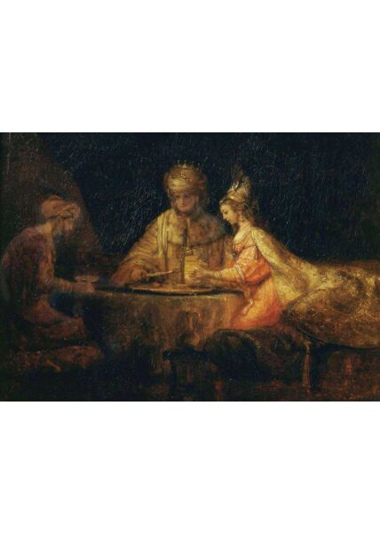 Kunstpostkarte Rembrandt von Rijn - Ahasuerus, Haman und Esther