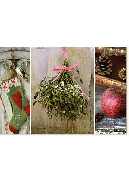 Weihnachtskarte Traditionell Merry Christmas Socke Apfel Blumenstrauß