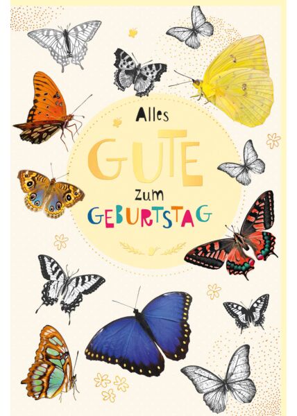 Geburtstagskarte Schmetterlinge, Naturkarton, mit Goldfolie
