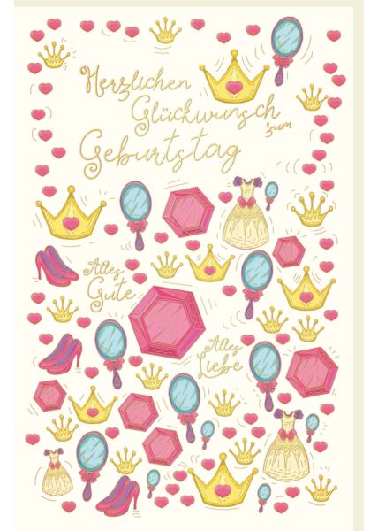 Geburtstagskarte für Kinder Herzen, Kronen, Handspiegel, Kleider, Schuhe