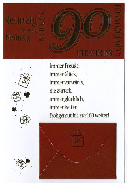Geburtstag 90 Karte mit Kuvert für Geld