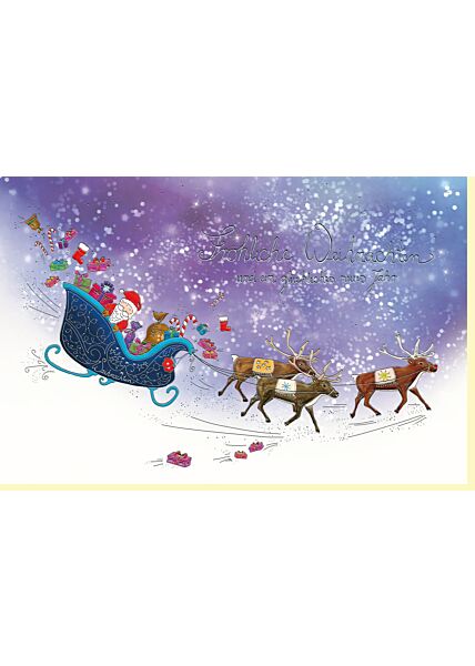 Weihnachtskarte Weihnachtsmann Geschenke Rentiere Schnee
