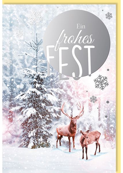 Weihnachtskarte Hirsch und Reh im Wald, mit Silberfolie
