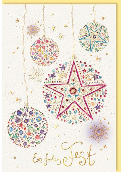 Weihnachtskarte Weihnachtskugeln, mit Goldfolie und Blindprägung, Naturkarton