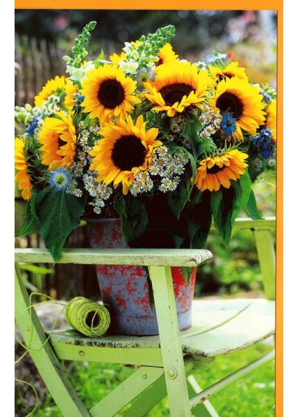 Grußkarte Eimer Sonnenblumen Gartenstuhl ohne Text