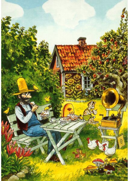 Postkarte Pettersson und Findus Im Garten