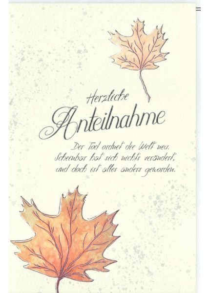 Trauerkarte Blätter, Naturkarton, mit Silberfolie und Blindprägung Herzliche Anteilnahme