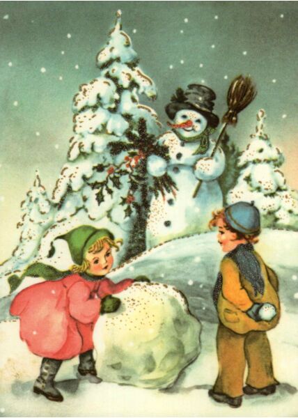 Postkarte Weihnachten nostalgie Junge Mädchen Schneekugel