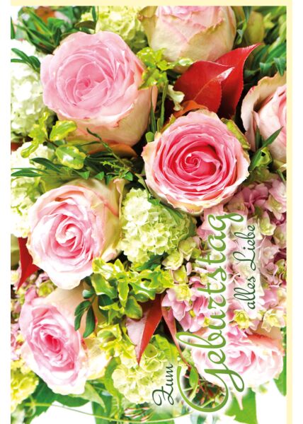 Geburtstagskarte bunter Blumenstrauß mit rosa Rosen