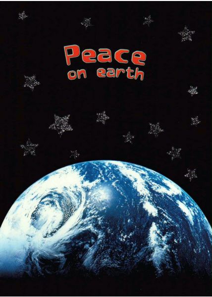 Weihnachtspostkarte: peace on earth Sterne Planet
