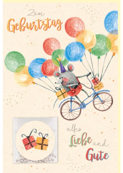 Glückwunschkarte Geburtstag Fahrrad, bunte Luftballons, Zuckerrohrpapier, Samentütchen mit Aufkleber